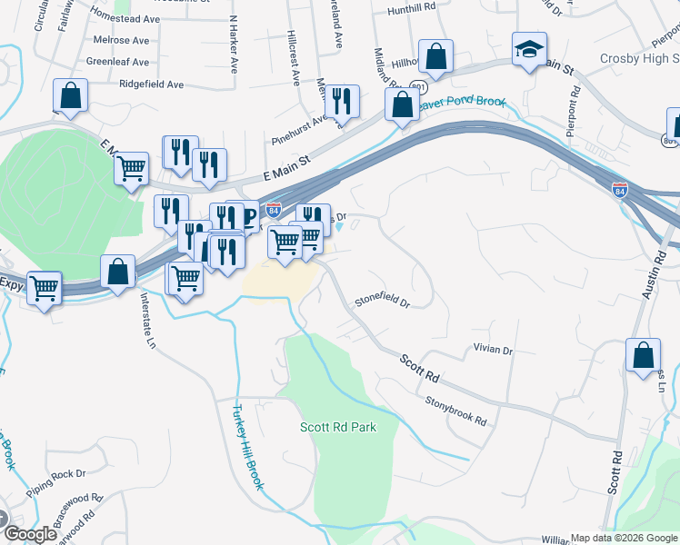 map of restaurants, bars, coffee shops, grocery stores, and more near 214 Scott Road in Waterbury