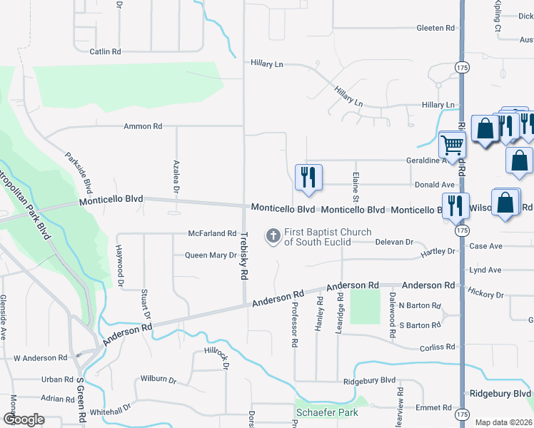map of restaurants, bars, coffee shops, grocery stores, and more near 835 Trebisky Road in Cleveland