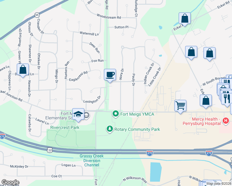 map of restaurants, bars, coffee shops, grocery stores, and more near 532 Nora Drive in Perrysburg