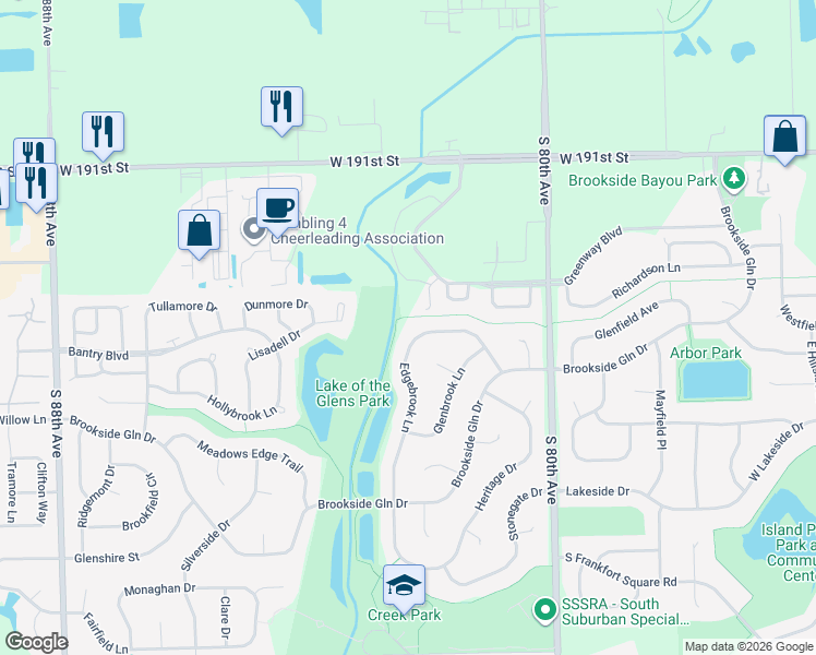 map of restaurants, bars, coffee shops, grocery stores, and more near 19400 Edgebrook Lane in Tinley Park