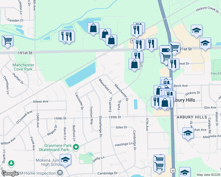 map of restaurants, bars, coffee shops, grocery stores, and more near 19340 Everett Lane in Mokena