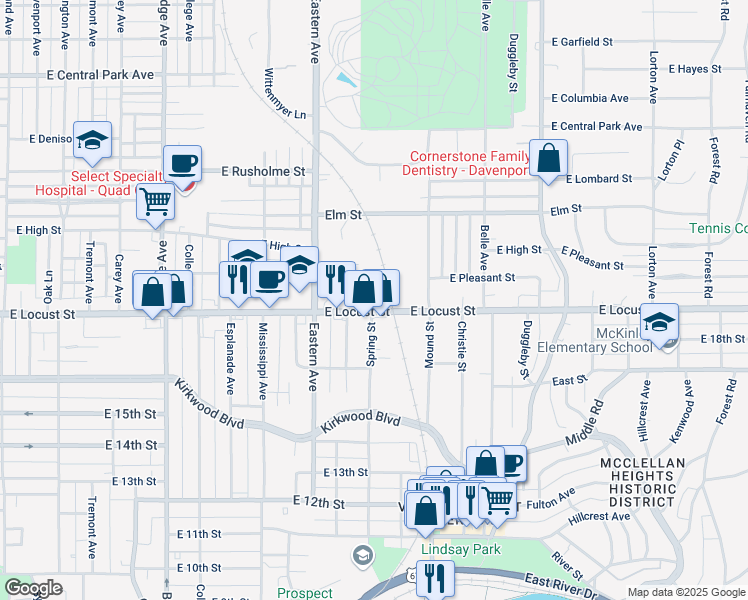 map of restaurants, bars, coffee shops, grocery stores, and more near 1803 Spring Street in Davenport