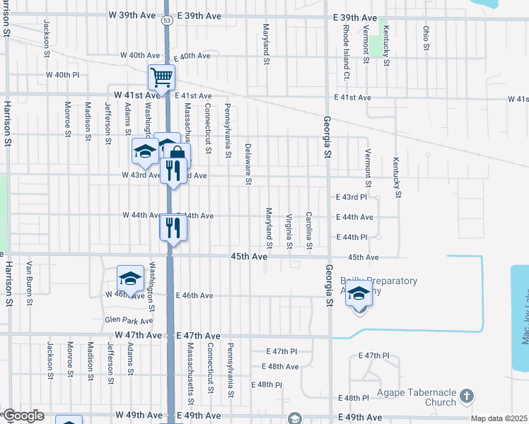 map of restaurants, bars, coffee shops, grocery stores, and more near 4390 Maryland Street in Gary
