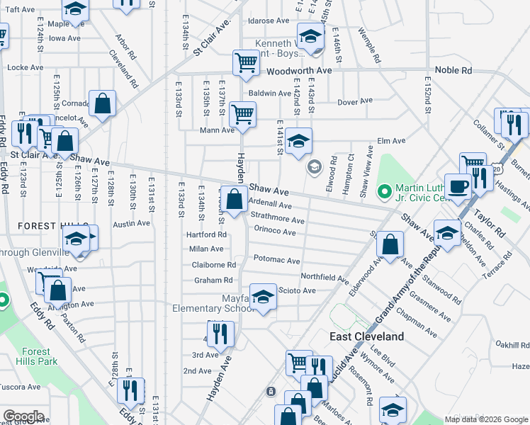 map of restaurants, bars, coffee shops, grocery stores, and more near 14009 Orinoco Avenue in East Cleveland