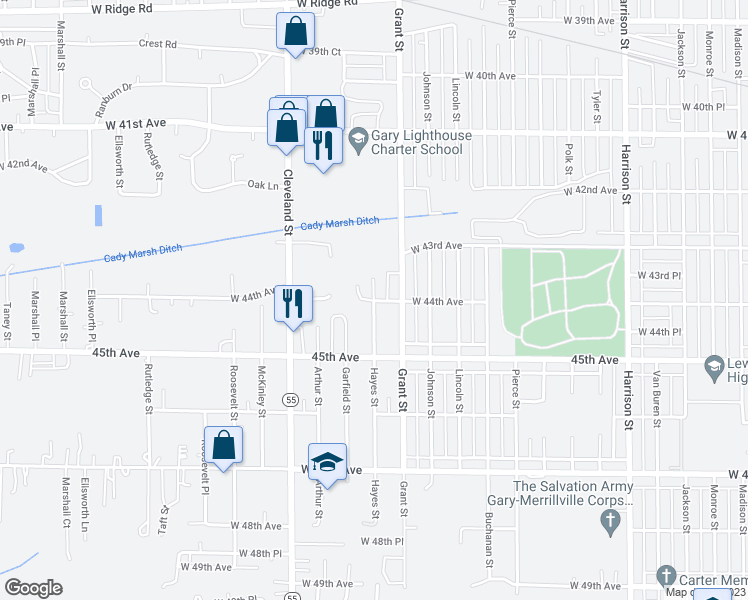 map of restaurants, bars, coffee shops, grocery stores, and more near 1698 West 44th Avenue in Gary