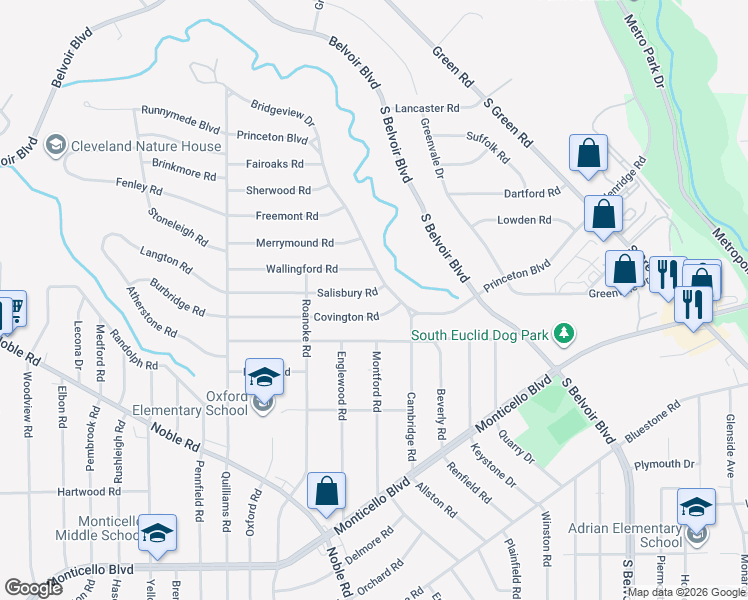 map of restaurants, bars, coffee shops, grocery stores, and more near 3900 Covington Road in South Euclid