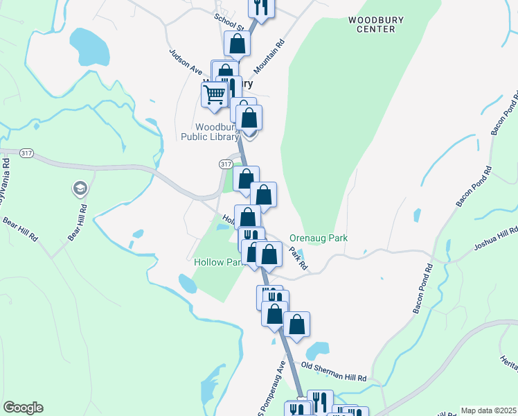 map of restaurants, bars, coffee shops, grocery stores, and more near 241 Main Street in Woodbury