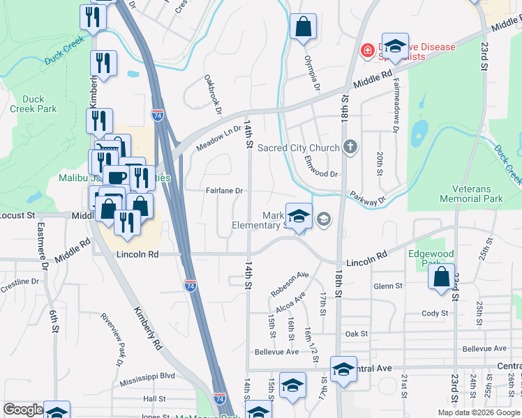 map of restaurants, bars, coffee shops, grocery stores, and more near 1536-1598 Monterey Ct in Bettendorf