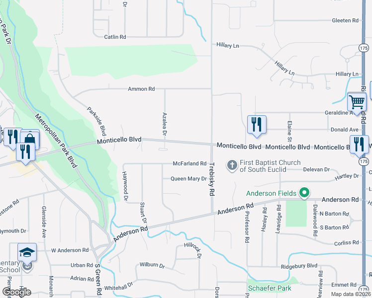 map of restaurants, bars, coffee shops, grocery stores, and more near 4603 Monticello Boulevard in Cleveland