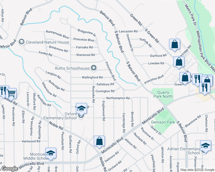 map of restaurants, bars, coffee shops, grocery stores, and more near 3878 Salisbury Road in South Euclid