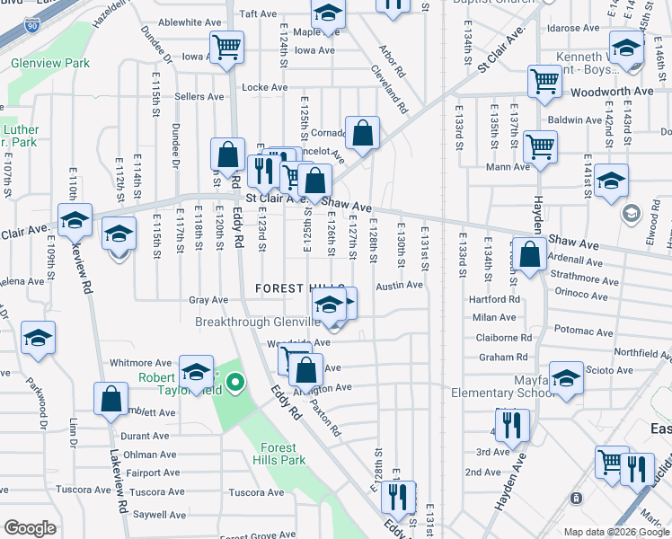 map of restaurants, bars, coffee shops, grocery stores, and more near 687 East 126th Street in Cleveland