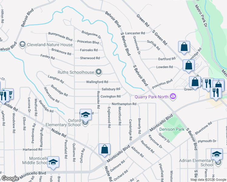 map of restaurants, bars, coffee shops, grocery stores, and more near 3878 Salisbury Road in South Euclid