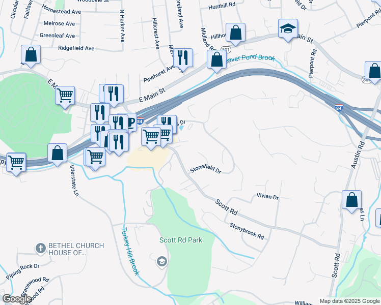 map of restaurants, bars, coffee shops, grocery stores, and more near 185 Scott Road in Waterbury