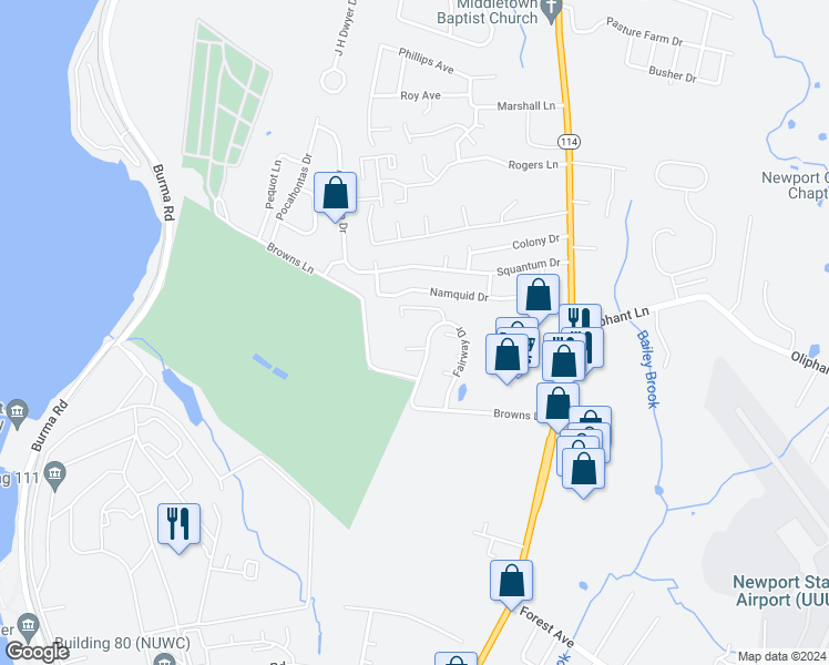 map of restaurants, bars, coffee shops, grocery stores, and more near 1103 Fairway Drive in Middletown
