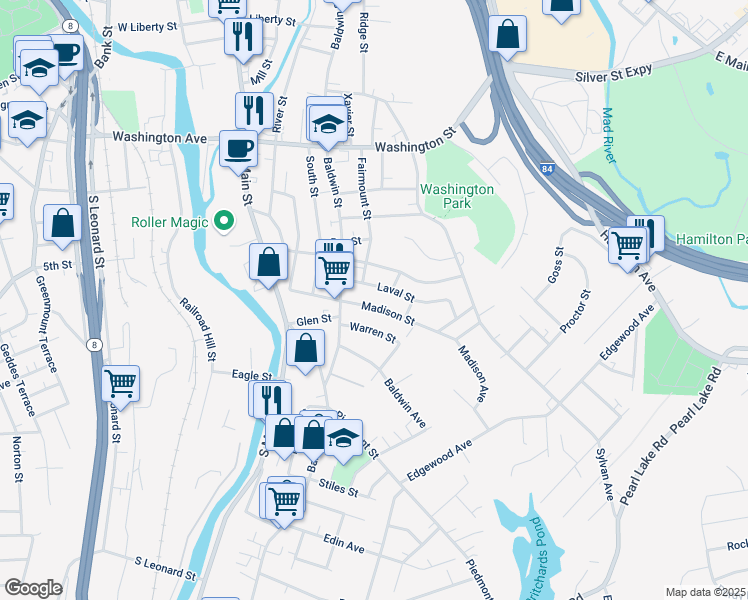 map of restaurants, bars, coffee shops, grocery stores, and more near 35 Laval Street in Waterbury