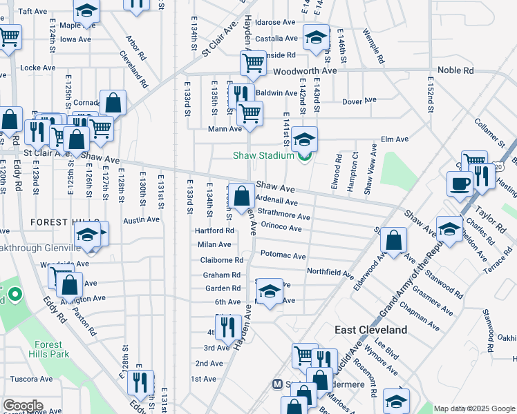map of restaurants, bars, coffee shops, grocery stores, and more near in East Cleveland