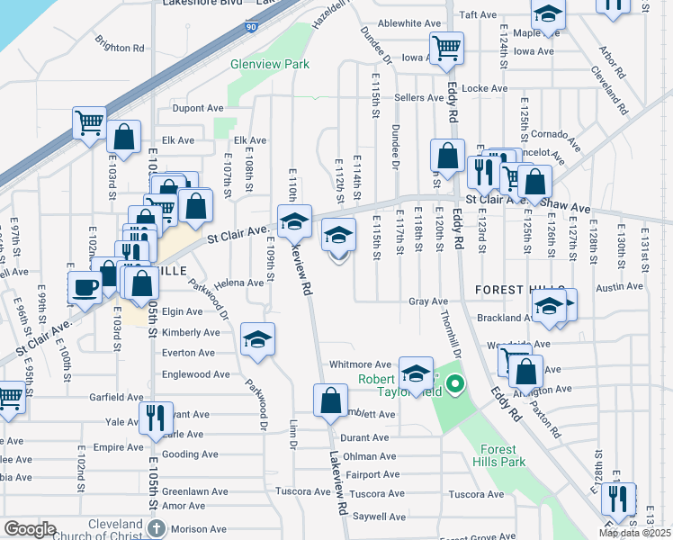 map of restaurants, bars, coffee shops, grocery stores, and more near 647 Lakeview Road in Cleveland