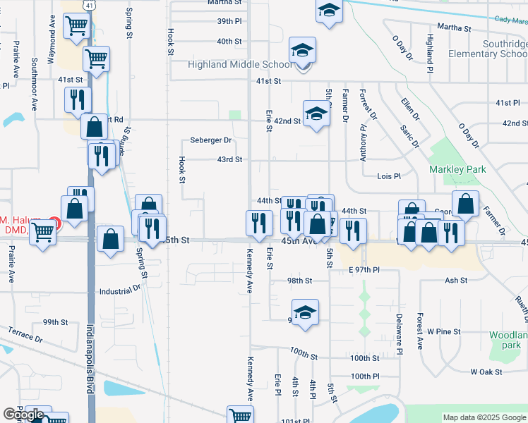 map of restaurants, bars, coffee shops, grocery stores, and more near 9550 Erie Street in Highland