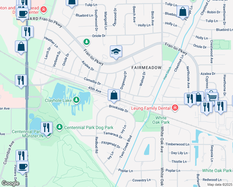 map of restaurants, bars, coffee shops, grocery stores, and more near 9600 Dogwood Drive in Munster