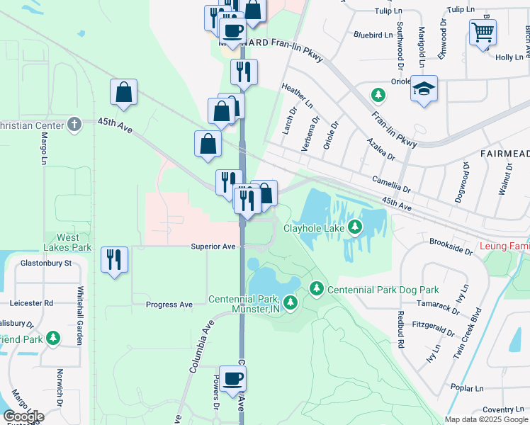 map of restaurants, bars, coffee shops, grocery stores, and more near 9505 Calumet Avenue in Munster