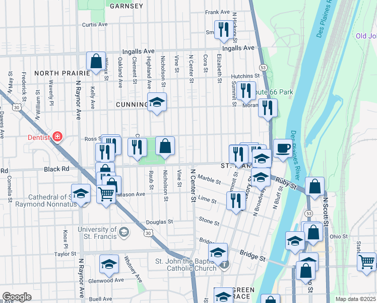 map of restaurants, bars, coffee shops, grocery stores, and more near 819 North Center Street in Joliet