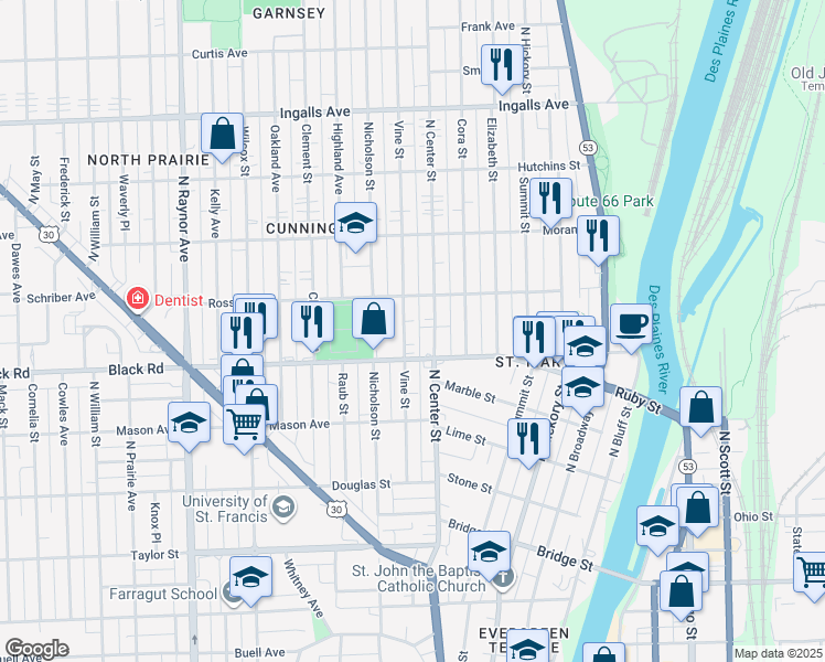 map of restaurants, bars, coffee shops, grocery stores, and more near 819 North Center Street in Joliet