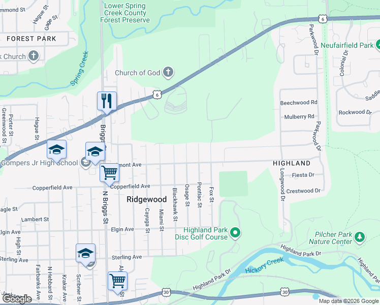 map of restaurants, bars, coffee shops, grocery stores, and more near 717 Osage Street in Joliet