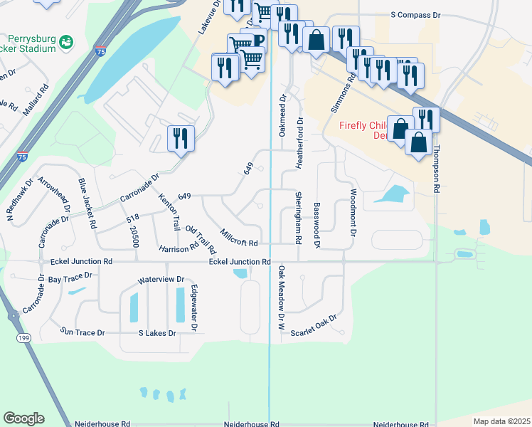map of restaurants, bars, coffee shops, grocery stores, and more near 26701 Foxton Court in Perrysburg