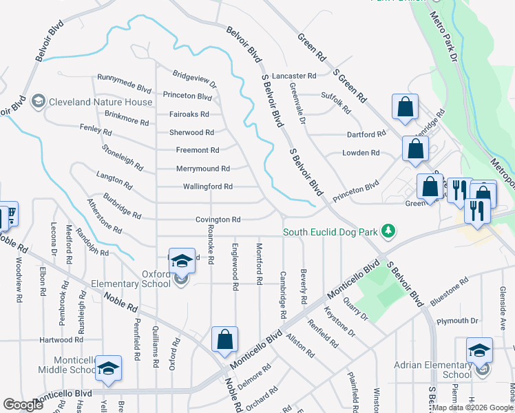 map of restaurants, bars, coffee shops, grocery stores, and more near 3898 Salisbury Road in South Euclid