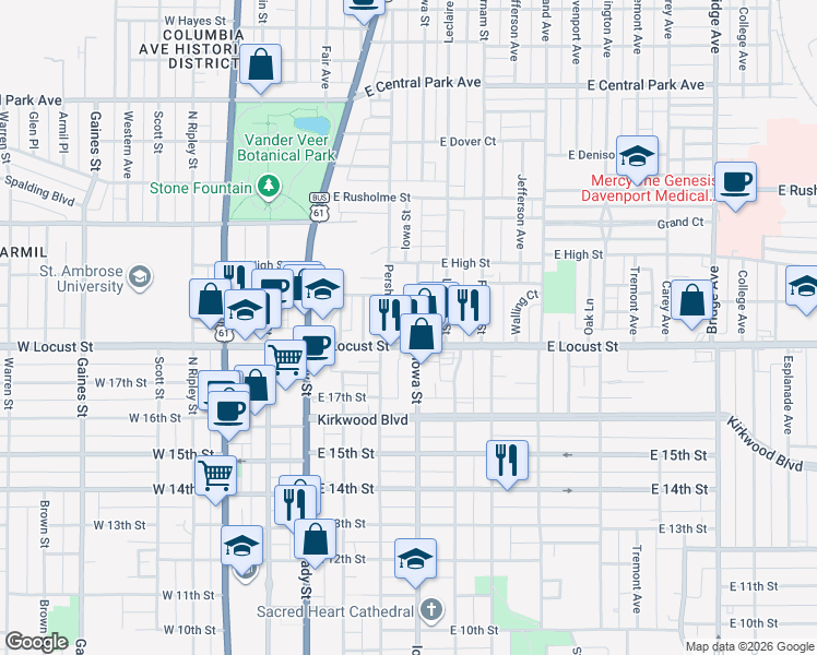 map of restaurants, bars, coffee shops, grocery stores, and more near 1920 Iowa Street in Davenport
