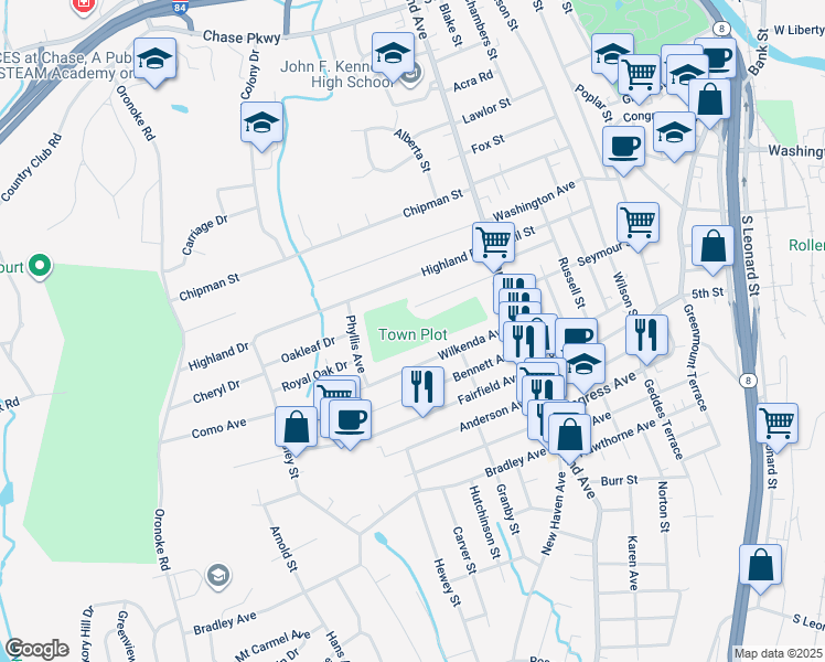 map of restaurants, bars, coffee shops, grocery stores, and more near 37 Rosemont Avenue in Waterbury
