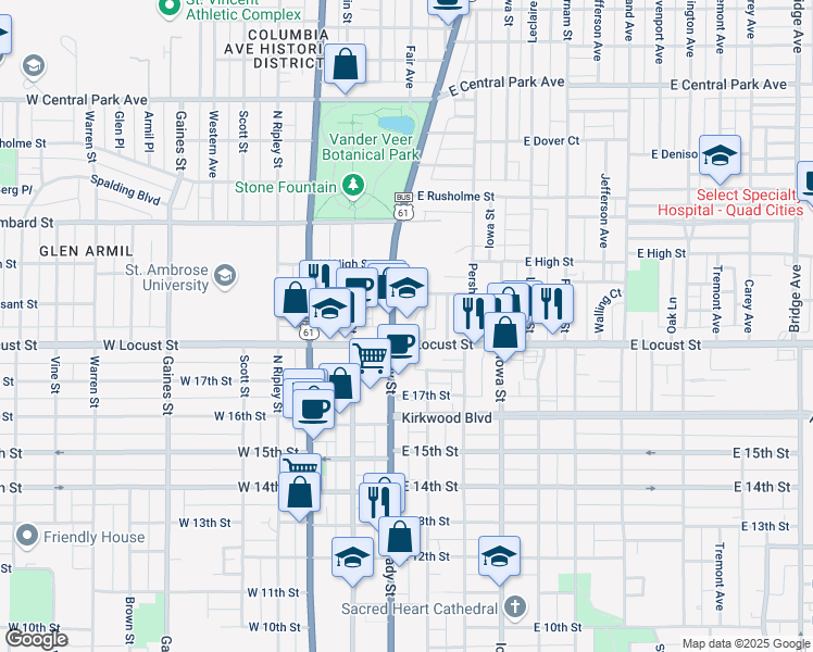 map of restaurants, bars, coffee shops, grocery stores, and more near 116 East Locust Street in Davenport