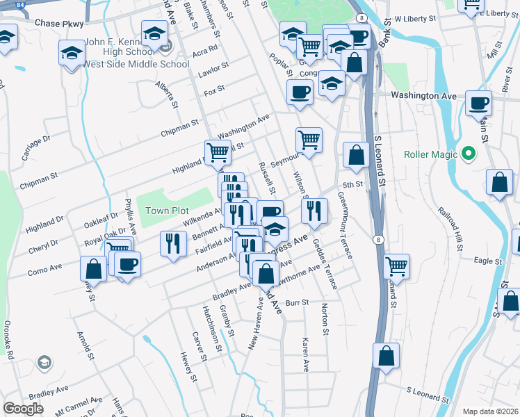 map of restaurants, bars, coffee shops, grocery stores, and more near 100 Francis Street in Waterbury