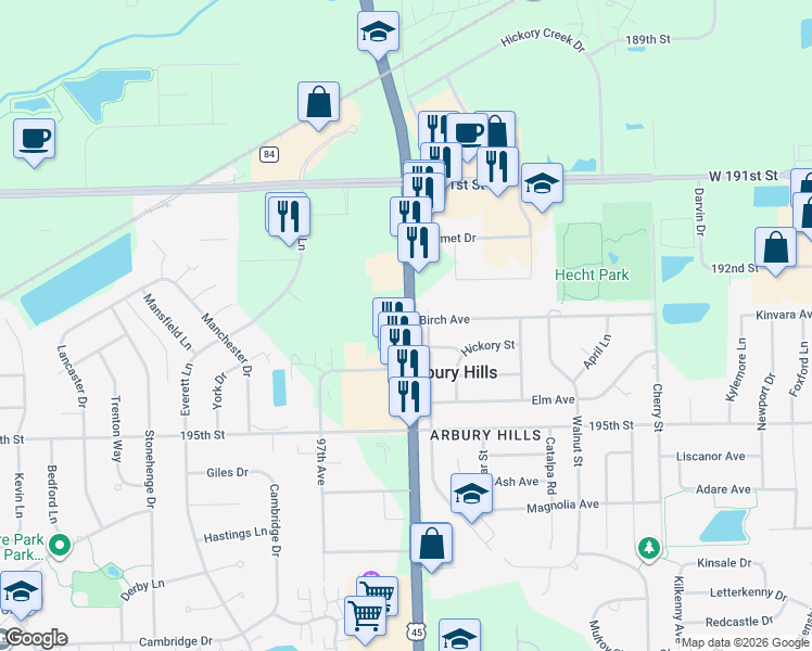 map of restaurants, bars, coffee shops, grocery stores, and more near 19301 South La Grange Road in Mokena