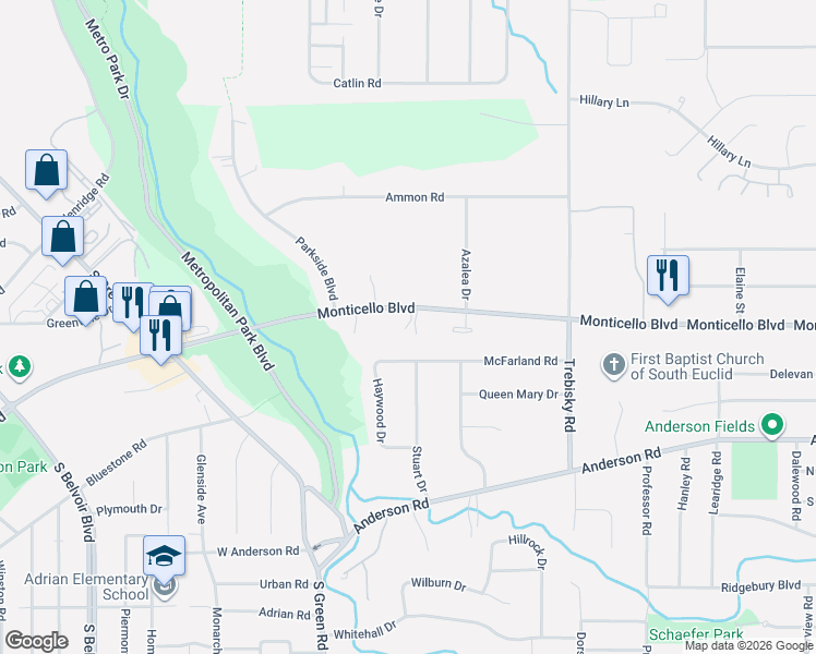 map of restaurants, bars, coffee shops, grocery stores, and more near 4527 Monticello Boulevard in Cleveland