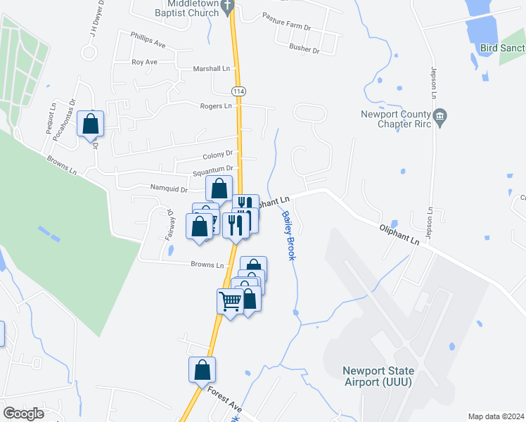 map of restaurants, bars, coffee shops, grocery stores, and more near 27 Oliphant Lane in Middletown