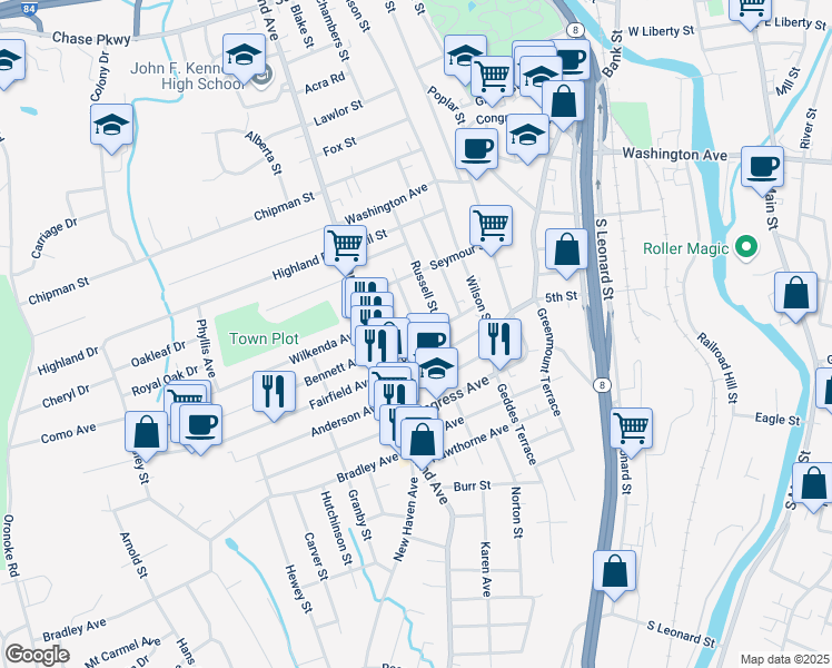 map of restaurants, bars, coffee shops, grocery stores, and more near 102 Francis Street in Waterbury