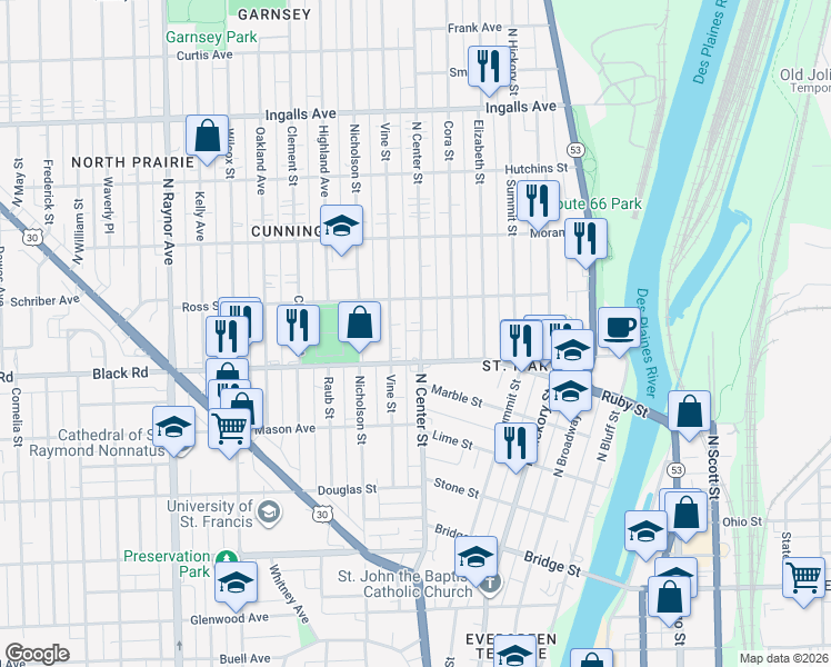map of restaurants, bars, coffee shops, grocery stores, and more near 811 North Center Street in Joliet