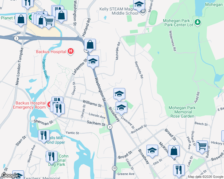 map of restaurants, bars, coffee shops, grocery stores, and more near 5 Washington Place in Norwich