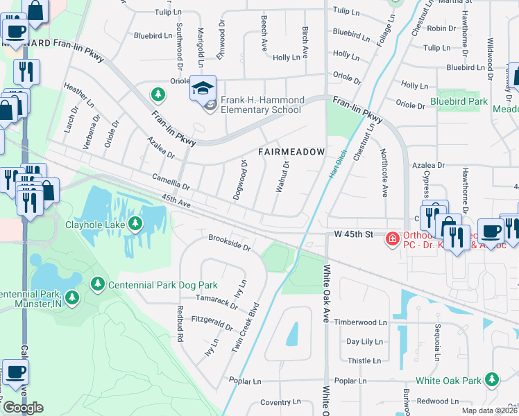 map of restaurants, bars, coffee shops, grocery stores, and more near 9600 Greenwood Avenue in Munster
