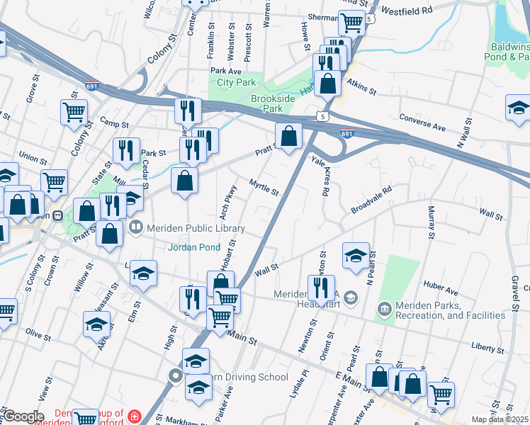 map of restaurants, bars, coffee shops, grocery stores, and more near 87 Myrtle Street in Meriden