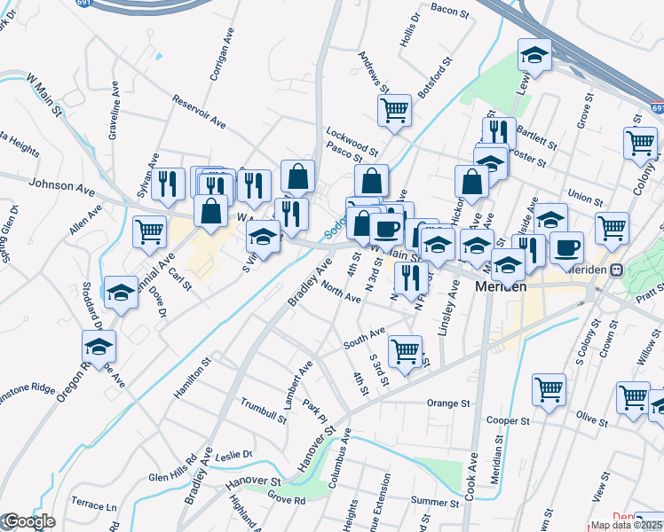 map of restaurants, bars, coffee shops, grocery stores, and more near 14 Bradley Avenue in Meriden