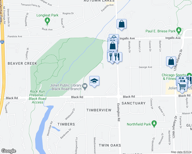 map of restaurants, bars, coffee shops, grocery stores, and more near 3315 Executive Drive in Joliet