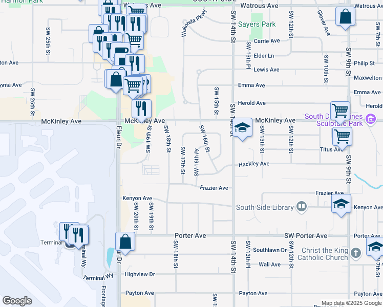 map of restaurants, bars, coffee shops, grocery stores, and more near 4909 Southwest 17th Street in Des Moines
