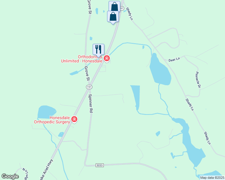 map of restaurants, bars, coffee shops, grocery stores, and more near 404A Spinner Road in Honesdale