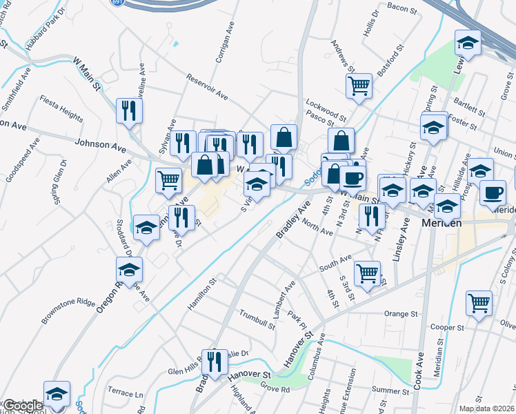 map of restaurants, bars, coffee shops, grocery stores, and more near 426 West Main Street in Meriden