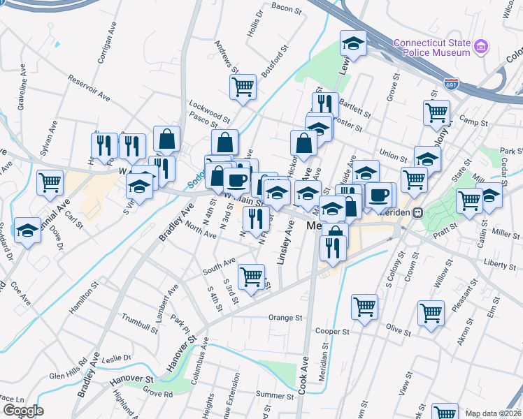 map of restaurants, bars, coffee shops, grocery stores, and more near 249 West Main Street in Meriden