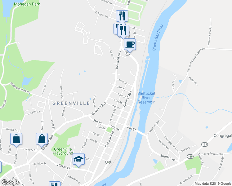 map of restaurants, bars, coffee shops, grocery stores, and more near 57 12th Street in Norwich