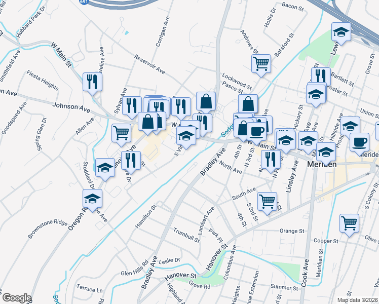 map of restaurants, bars, coffee shops, grocery stores, and more near 426 West Main Street in Meriden