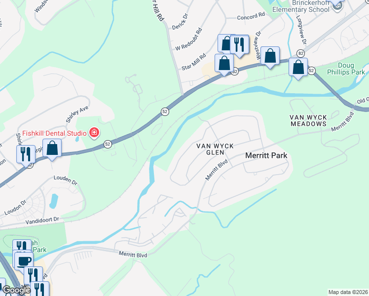 map of restaurants, bars, coffee shops, grocery stores, and more near 187 Stony Brook Road in Fishkill